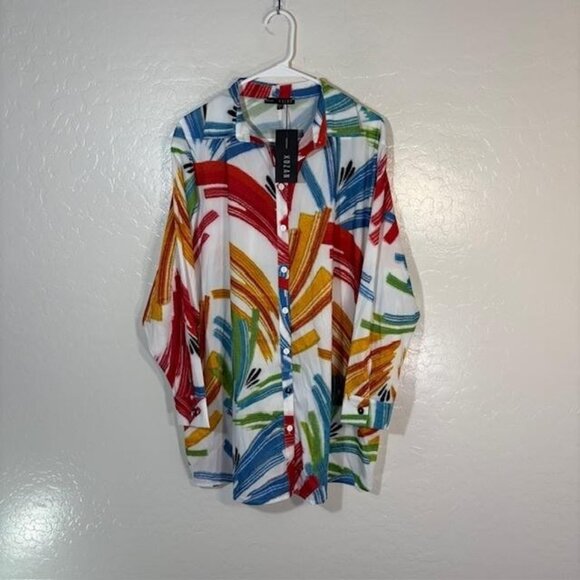 Kozan Tops - Kozan Shirt Womens Large White Multicolor Button Front Tunic Abstract Print